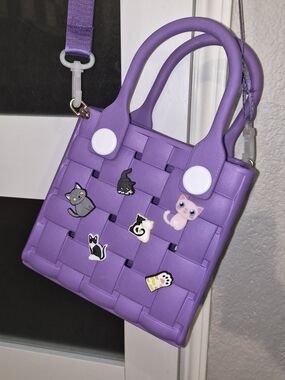 Purple Woven Crossbody Tote Bag with Cute Charms